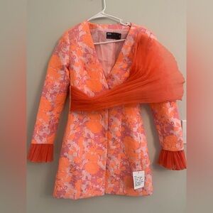 ASOS Pink and Orange Floral Textured Dress with Pleated Sash